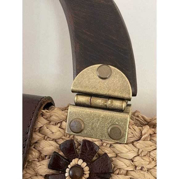 Tocca Natural Straw Wood  Brown Floral Leather Footed Satchel Tote Purse 15 x 19 - Picture 5 of 10